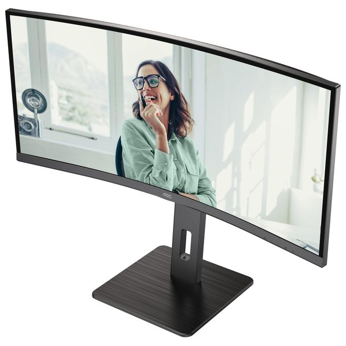 AOC CU34P3CV - Monitor curvo WQHD da 34 pollici, regolabile in altezza, altoparlante (3440x1440, 100 Hz, HDMI, DisplayPort, USB-C (65W PD), RJ45, hub USB) nero