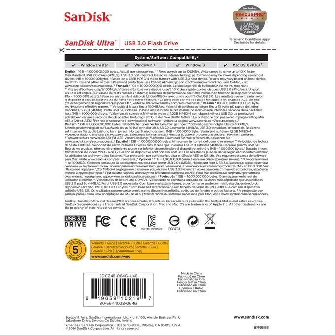 SanDisk Cruzer Ultra Pen Drive 64Gb Nero