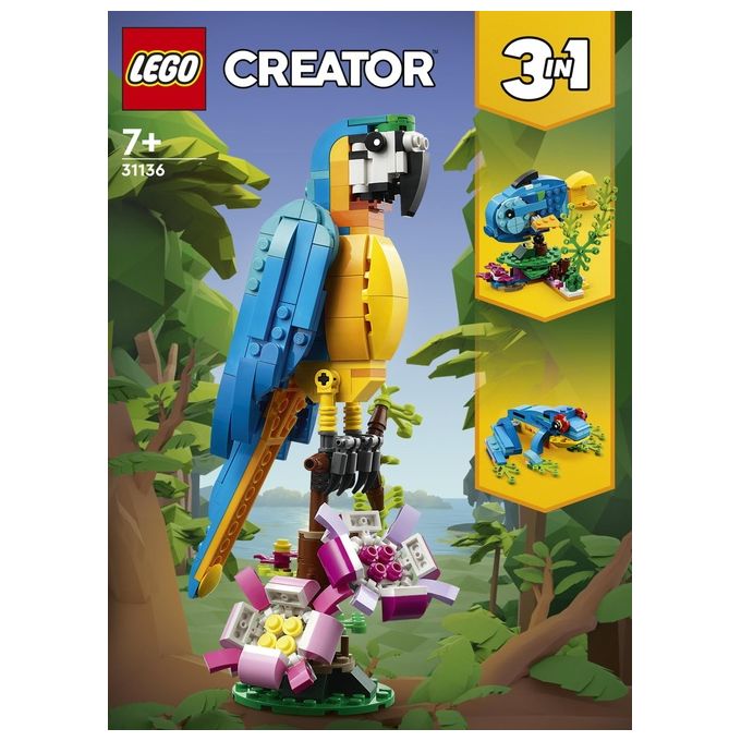 LEGO Creator 31136 Pappagallo Esotico 31136-LEGO Set 3 in 1 con Pesce e Rana Animali Giocattolo Giochi Creativi per Bambini da 7 Anni