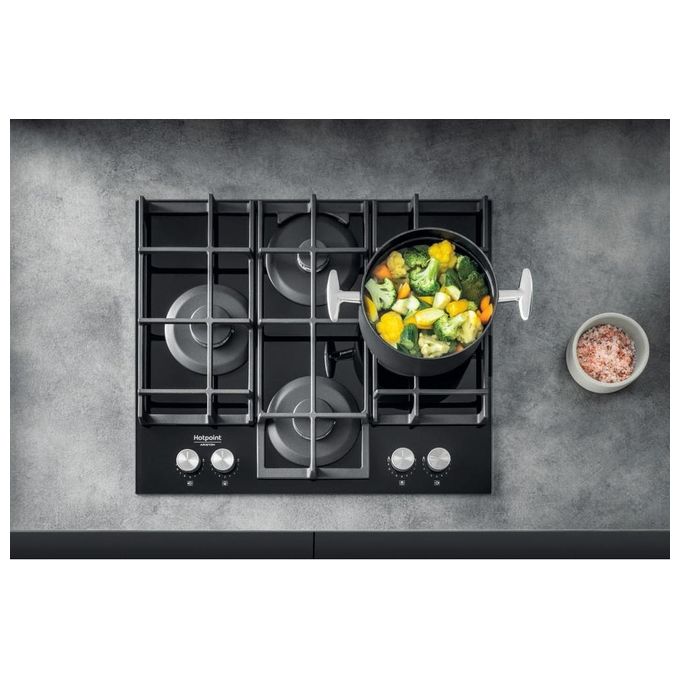 Hotpoint HAGS 61F-BK Piano Cottura a Gas in  Vetroceramica 4 Zone My Menu Flame Control 9 livelli di potenza Griglie in ghisa 60 cm Nero