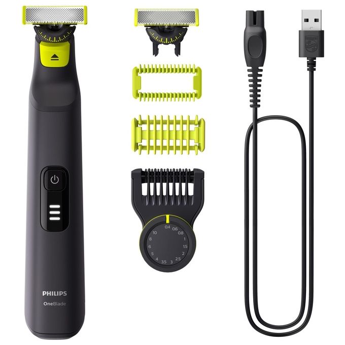 Philips OneBlade Pro 360 QP6542-15 Regolabarba e rifinitore con tecnologia a lama 360° 14 lunghezze di taglio regolabili testina OneBlade viso e corpo utilizzo Wet and Dry autonomia 90 minuti display LED colore nero e lime