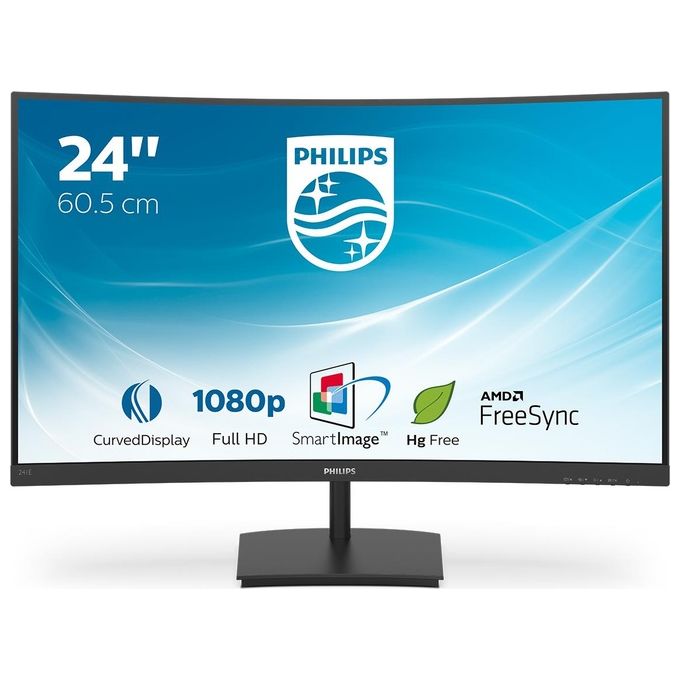 Philips 241E1SC 24'' Monitor Curvo AMD Freesync 75 Hz LED VA FHD, 4ms, 3 Side Frameless, Low Blue Mode, Flicker Free, HDMI, VGA, VESA, Nero
