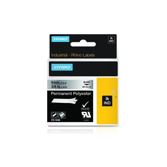Dymo Rhino 9mmx5.5mt Poliestere Nero su Metallo
