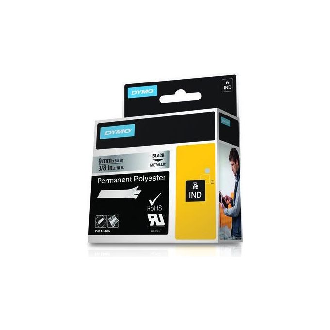 Dymo Rhino 9mmx5.5mt Poliestere Nero su Metallo