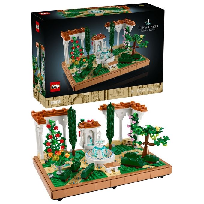 LEGO Icons 10359 - Giardino con Fontana, Set da Costruzione Decorativo 1302 Pezzi, Fontana a 2 Livelli, Pergolati Fioriti, Moduli Personalizzabili, Eta' 18+