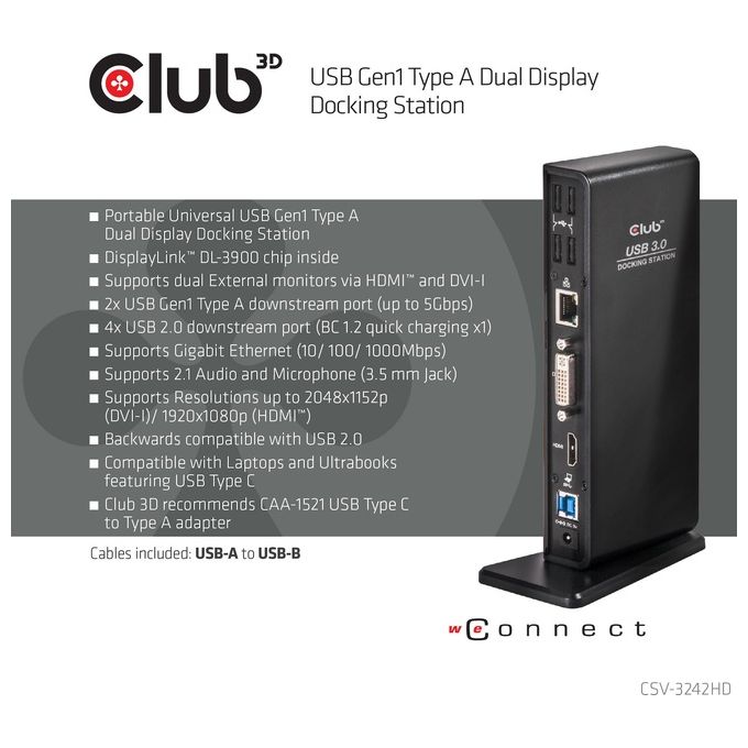 Club3d Docking Station, usb 3.0 Black, usb type a 3.0 dual Display