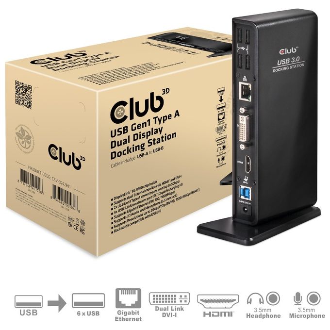Club3d Docking Station, usb 3.0 Black, usb type a 3.0 dual Display