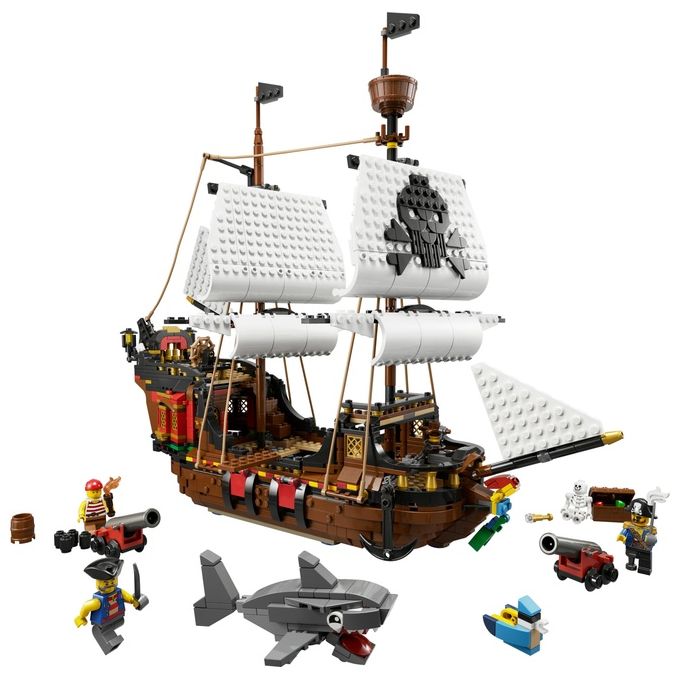 LEGO Creator 31109 Galeone dei Pirati, Set 3 in 1 con Nave Giocattolo, Locanda e Isola del Teschio, Minifigure e Squalo