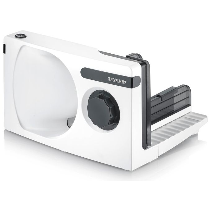 Severin AS 3912 – Affettatrice 19 cm, 100 W, spessore regolabile fino a 1,5 cm, lama in acciaio inox, sicurezza con pulsante a due fasi, colore bianco