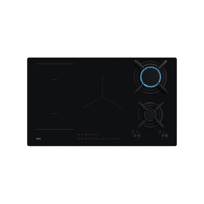 AEG HDB95623NB Piano Cottura a Gas + Induzione in Vetroceramica 2 Fuochi a Gas Griglie in Ghisa 3 Zone Cottura a Induzione Slider Touch Funzione Stop+Go StepPower 90 cm Nero