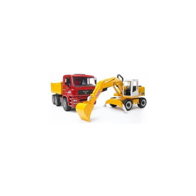 Bruder 02751 Camion Ribaltabile MAN TGA con Escavatore a Pala Liebherr Veicolo Giocattolo Cantiere Scala 1:16