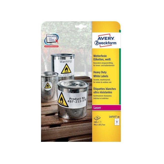 Avery Etichette in Poliestere 8 Pezzi per Foglio 20 Fogli 99,1x67,7mm Bianco