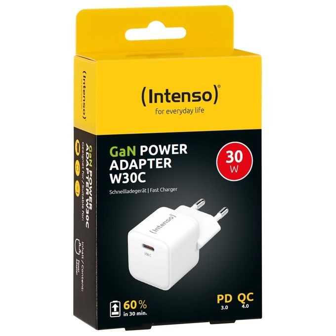 Intenso Power Adapter W30C GaN Alimentatore USB-C da 30 Watt e Tecnologia GaN Bianco