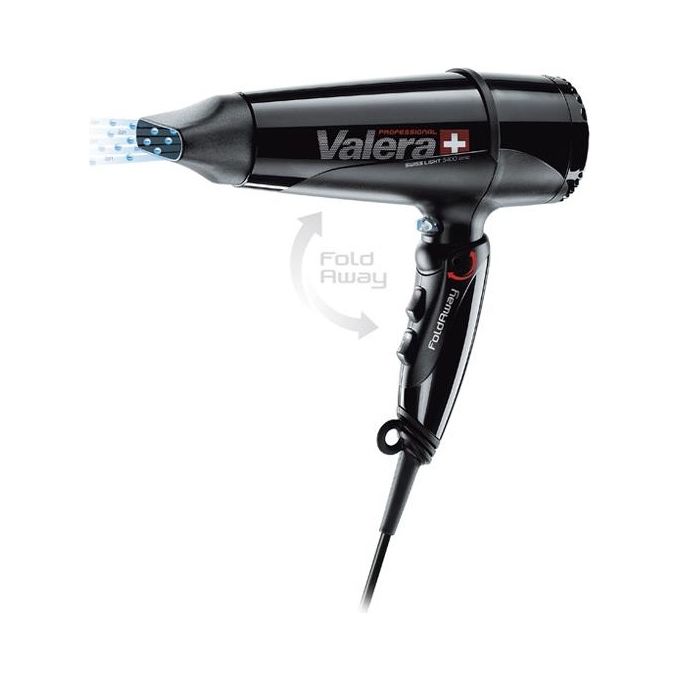 Valera Swiss Light Fold-Away 5400 Asciugacapelli Professionale Phon con Manico Pieghevole Motore DC Long-Life 3 Livelli di Temperatura Ionizzatore Cavo Flessibile 2000W Nero