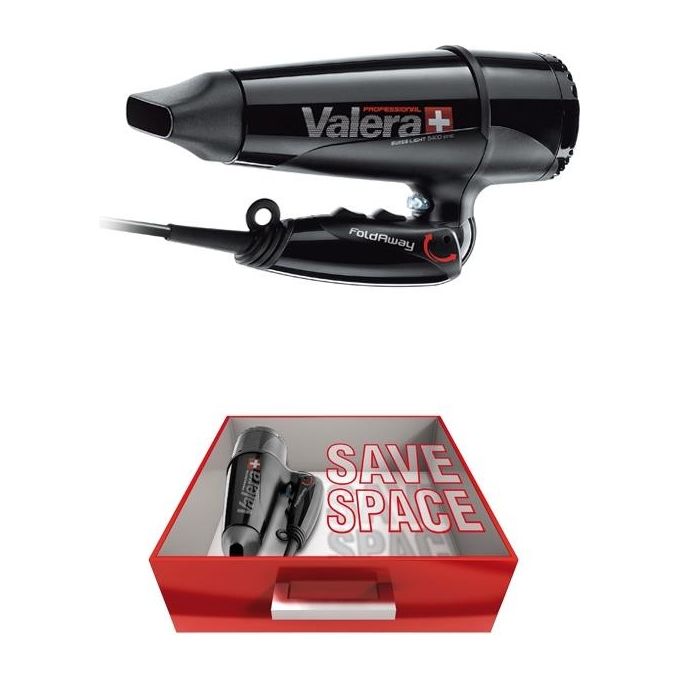Valera Swiss Light Fold-Away 5400 Asciugacapelli Professionale Phon con Manico Pieghevole Motore DC Long-Life 3 Livelli di Temperatura Ionizzatore Cavo Flessibile 2000W Nero