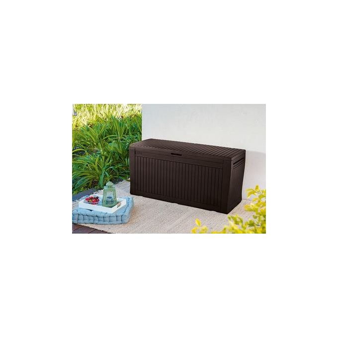 Keter 231317 Comfy Baule da Giardino in Resina 270 L con Ruote e Seduta effetto legno colore Marrone