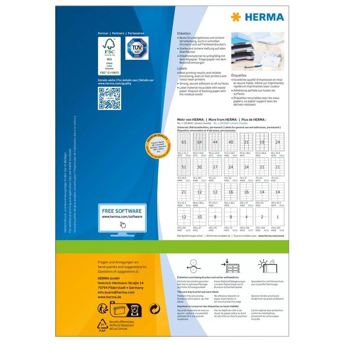 Herma Premium Etichette Bianche 70x37mm 100 Fogli DIN A4 240 Pezzi