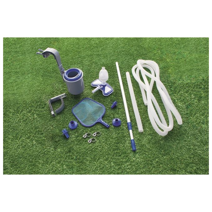 Bestway 58237 Flowclear Deluxe Kit Manutenzione Piscina Skimmer Spazzola Retino Asta 279 cm Tubo 7.5 m colore Blu Bianco