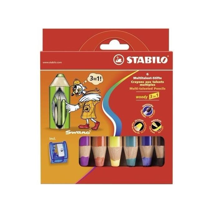 Matita colorata Multi-Funzione - STABILO woody 3 in 1 - Astuccio da 6 - con Temperino - Colori assortiti