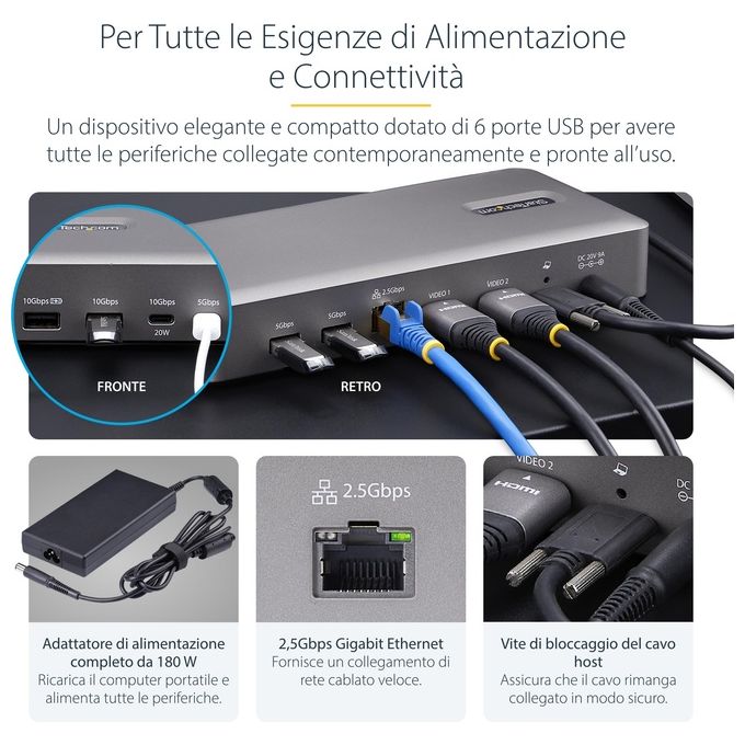 StarTech.com Docking Station Usb4 Usb-c 40gbps Doppio Video Hdmi Fino a 2x 4k 60hz 4:4:4 (rgb) O 2x 4k 120hz 4:2:2 Dock Multi Monitor 6x Usb 2.5gbe 100W Pd