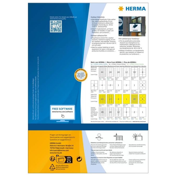 Herma Etichette Bianche 210X297mm 50 Fogli DIN A4 50 Pezzi