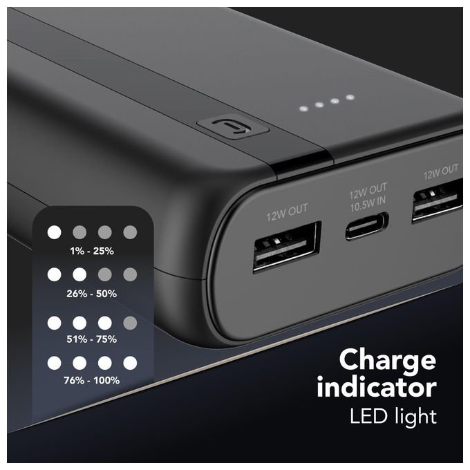 Cellular Line Power Bank 20000 mAh Input USB-C 10.5W Output 2xUSB 12W Li-ion LED luminosi indicano carica residua Nero