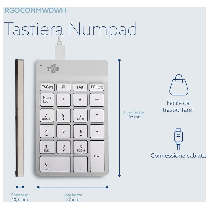 R-Go Tools RGOCONMWDWH Tastierino Numerico Computer Portatile USB Bianco