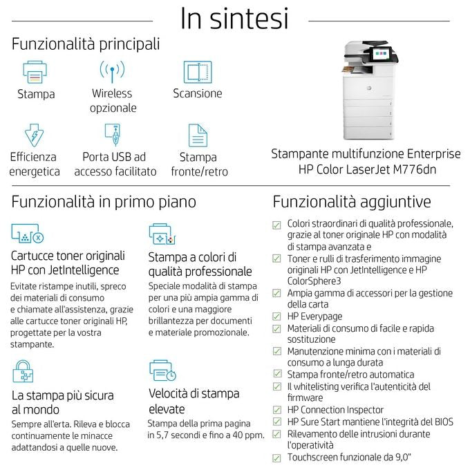 HP Color LaserJet Enterprise MFP M776dn Stampante Multifunzione Laser 46ppm 1200x1200 DPI A3