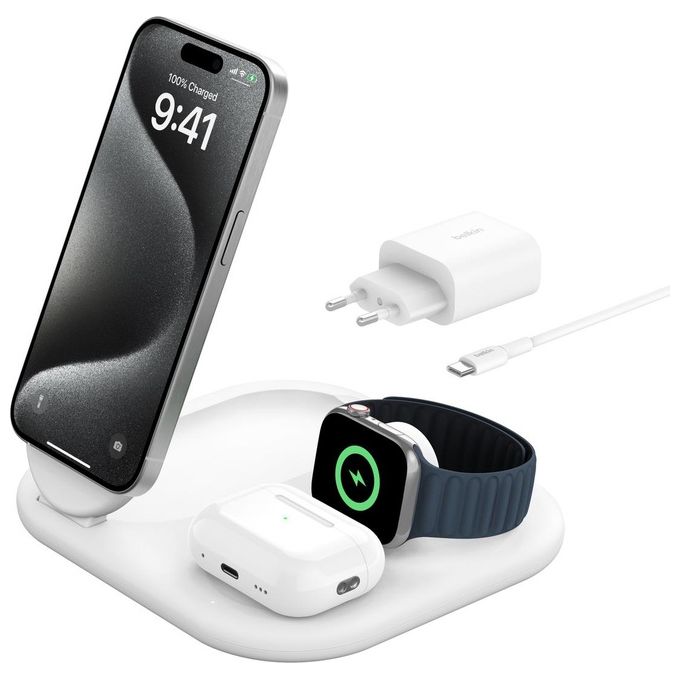 Belkin BoostCharge Caricabatteria Magnetico Pieghevole 3 in 1 con Qi2 da 15W Caricatore Rapido MagSafe per Apple iPhone 15 Apple Watch ed AirPods Bianco