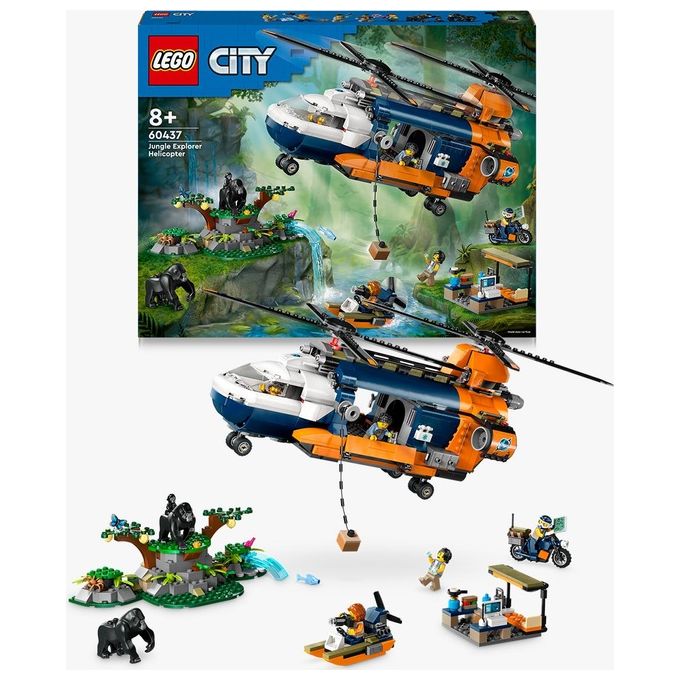 LEGO City Elicottero dell'Esploratore nella Giungla Modellino di Veicolo Giocattolo da Costruire con Doppi Rotori Giochi per Bambini da 8 Anni con Campo Base 3 Animali Gorilla e 5 Minifigure 60437