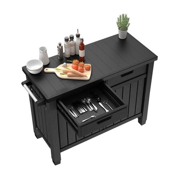 Keter 259432 Unity XL Tavolino da Esterno per BBQ con Cassetti anti-UV resina effetto legno colore Grafite