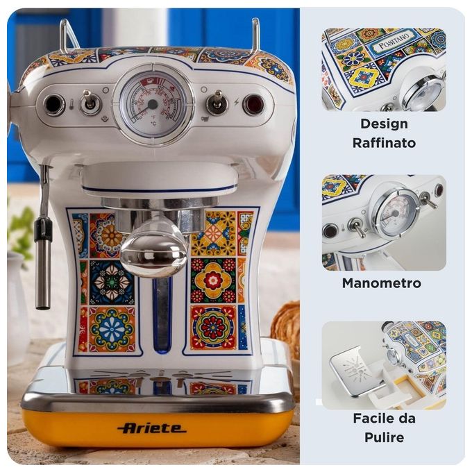 Ariete 00M13891PAR0 Macchina Caffe' Cialde e Caffé Macinato in Polvere Espresso Manuale con Erogatore di Vapore 1 o 2 Tazze Estetica Positano