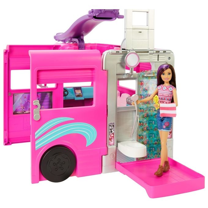 Barbie Camper dei Sogni - Veicolo con Scivolo e Piscina 2 Cuccioli 7 Aree Gioco Alto 76 cm