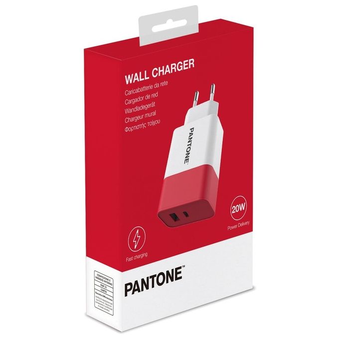 Celly, Caricabatterie da Rete Pantone, Carica Fino a 2 Dispositivi, con 1 Porta USB-A e 1 Porta USB-C e Tecnologia Power Delivery, Compatibilita' Universale, Ricarica Sicura e Veloce, Rosso