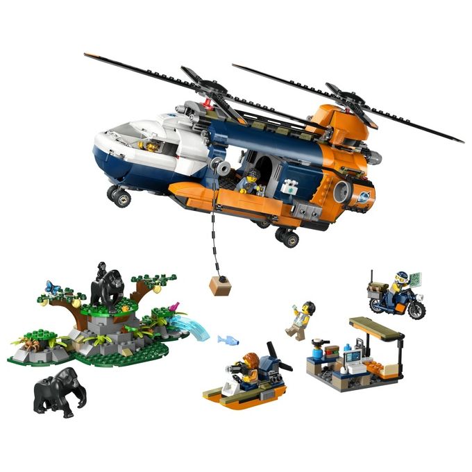 LEGO City Elicottero dell'Esploratore nella Giungla Modellino di Veicolo Giocattolo da Costruire con Doppi Rotori Giochi per Bambini da 8 Anni con Campo Base 3 Animali Gorilla e 5 Minifigure 60437