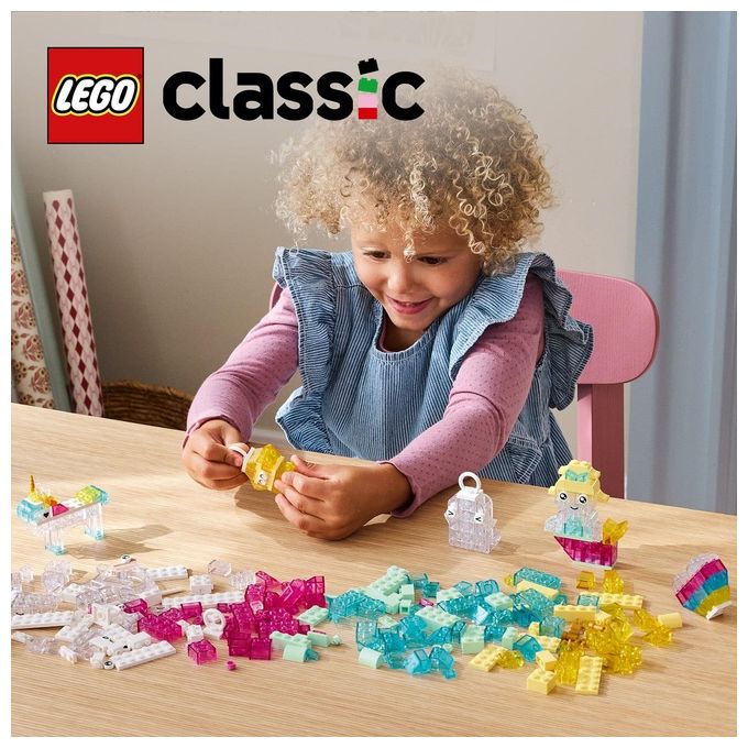 LEGO Classic Scatola Magica Trasparente - Mattoncini Colorati e Clip Portachiavi - Crea Unicorni Giocattolo Draghi Uccelli e altre Figure Kit Arti e Mestieri per Bambine e Bambini da 5 Anni - 11040
