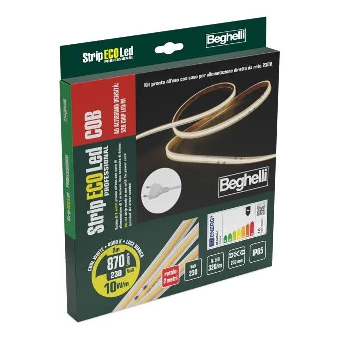 Beghelli Strip Led 2mt 230v 10w-mt 4000k 2mt 10w-mt Completa di Spina 10a con Taglio ogni 25cm
