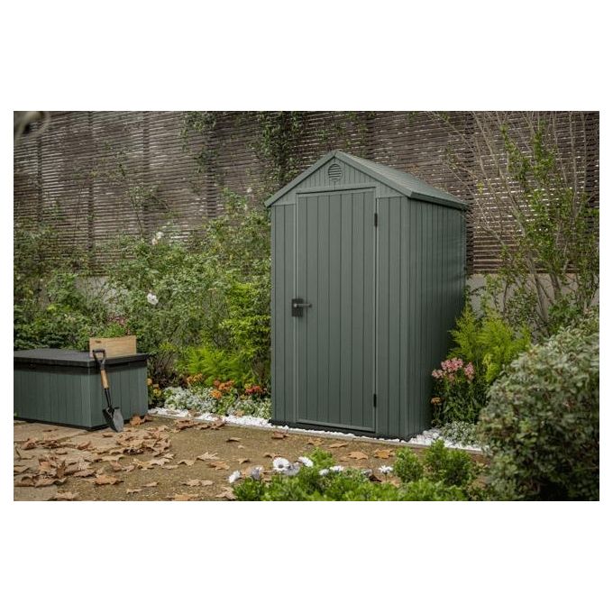 Keter 259037 Darwin 4x4 Casetta da Giardino in Resina EVOTECH+ Pavimento Incluso Tetto a Due Spioventi 75 Kg-m² colore Verde
