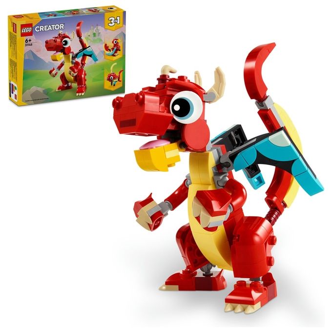 LEGO Creator 31145 3in1 Drago Rosso, Giochi per Bambini di 6+ Anni, Action Figure Ricostruibile in Pesce e Fenice Giocattolo