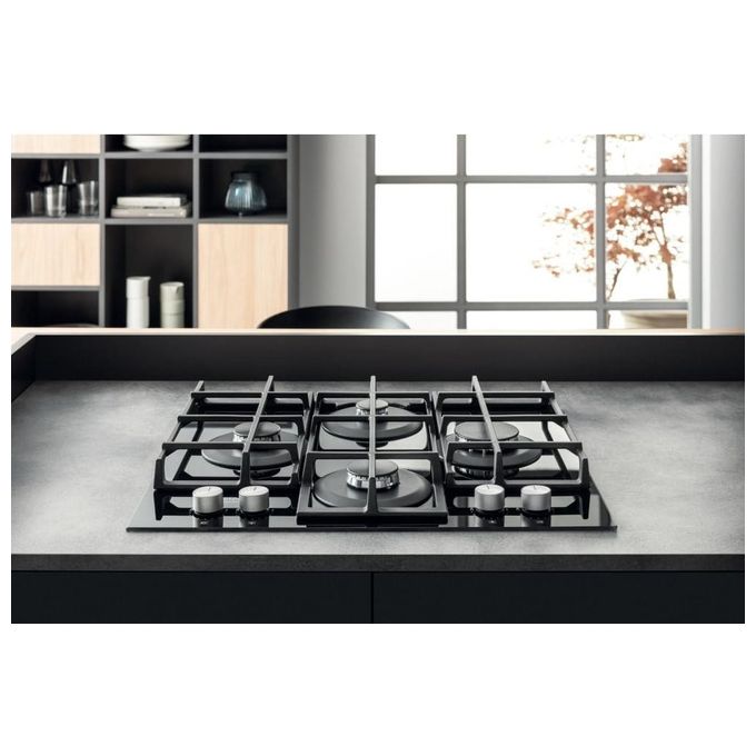 Hotpoint HAGS 61F-BK Piano Cottura a Gas in  Vetroceramica 4 Zone My Menu Flame Control 9 livelli di potenza Griglie in ghisa 60 cm Nero
