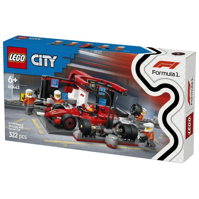 Lego 60443 City Formula 1 Set da Costruzione Pit Stop e Meccanici con Monoposto Ferrari F1 322 Pezzi 5 Minifigure eta' 6+