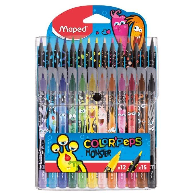 Maped Color Peps Monster Confezione 27 Pezzi 12 Pennarelli e 15 Pastelli