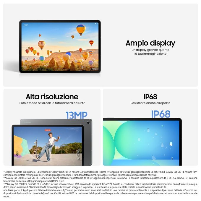 Samsung Tablet Galaxy S10 FE WiFi 8-128GB Display 10.9 Pollici Fotocamera Posteriore 13MP Frontale 8MP Colore Grigio