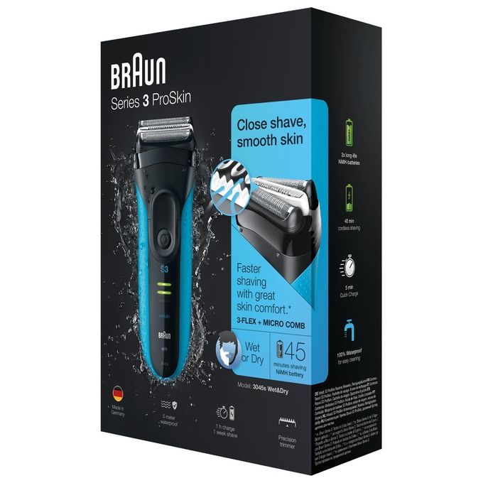 Braun Series 3 ProSkin 3045s Rasoio Elettrico Wet and Dry Trimmer Nero-Blu