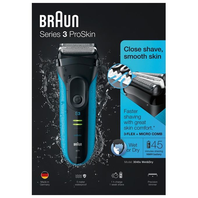 Braun Series 3 ProSkin 3045s Rasoio Elettrico Wet and Dry Trimmer Nero-Blu