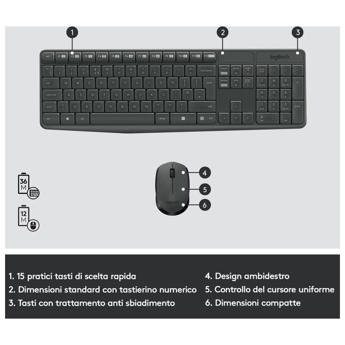 Logitech MK235 Wireless Combo Kit Tastiera e Mouse QWERTY Tastiera Italiana Nero-Antracite