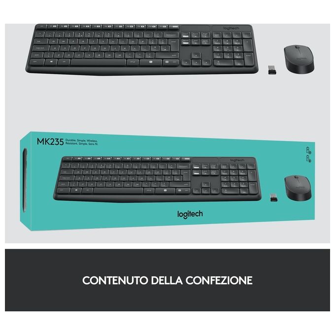 Logitech MK235 Wireless Combo Kit Tastiera e Mouse QWERTY Tastiera Italiana Nero-Antracite