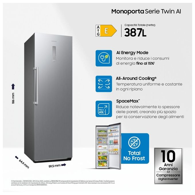 Samsung RR39C7BC5S9 Frigorifero Monoporta Serie Twin AI 387 Litri Classe Energetica E