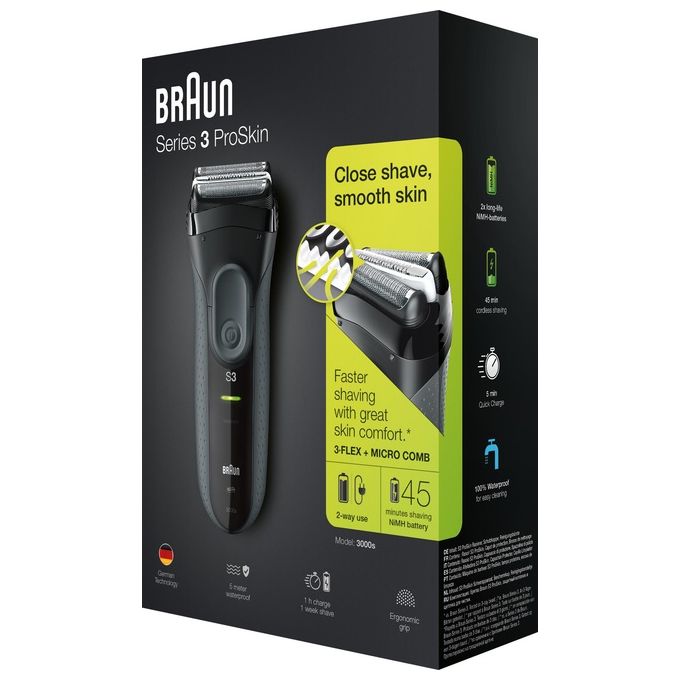 Braun 3000 Rasoio Ricaricabile e a Rete - 3 lamelle - Lavabile - Autonomia 45 min - Tempo di ricarica 60 Min