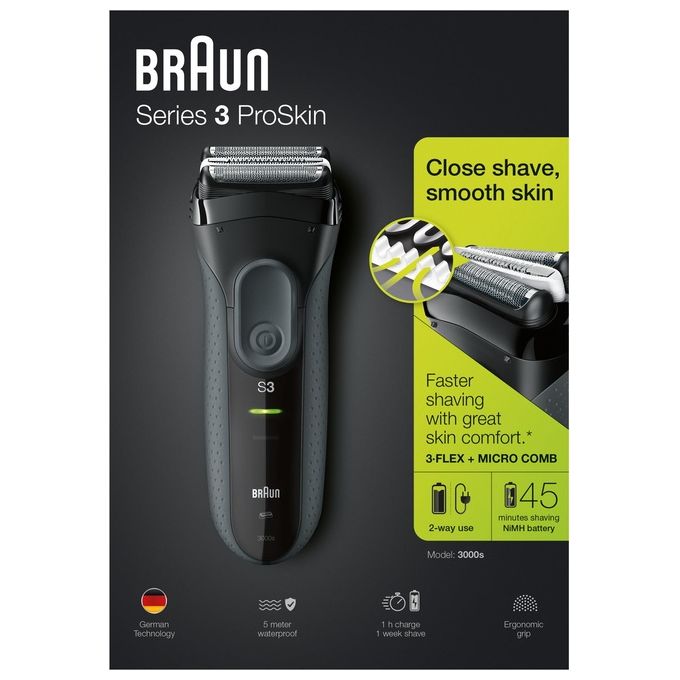 Braun 3000 Rasoio Ricaricabile e a Rete - 3 lamelle - Lavabile - Autonomia 45 min - Tempo di ricarica 60 Min